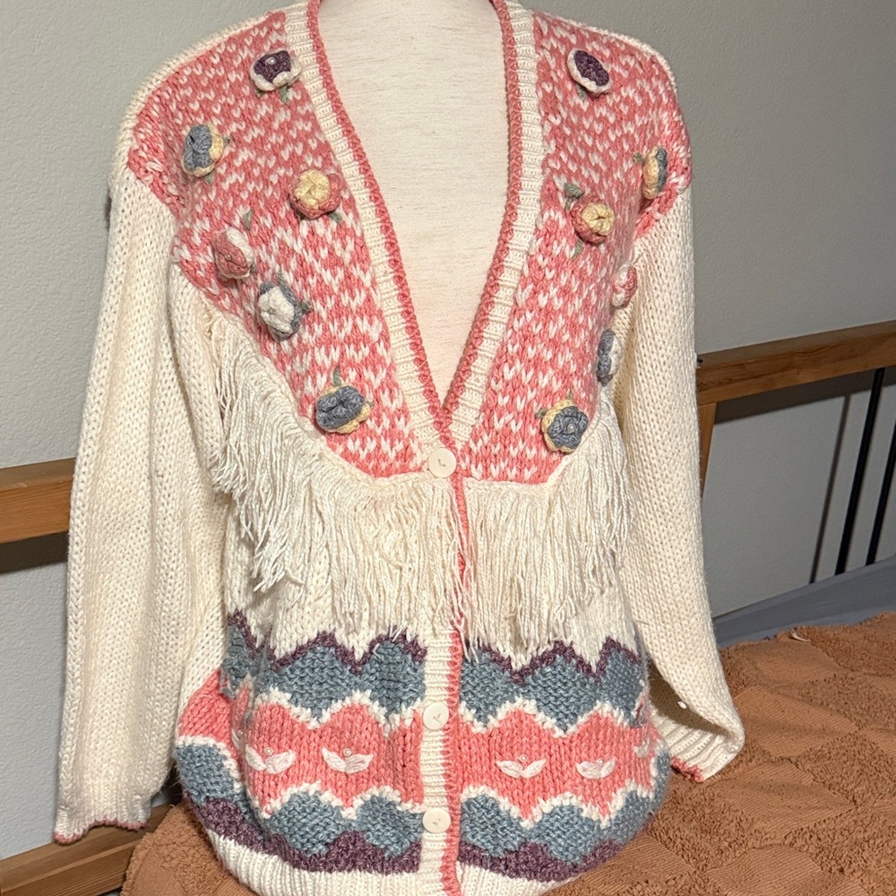 Cottage Core Cream Pink Hand Knit Cardigan